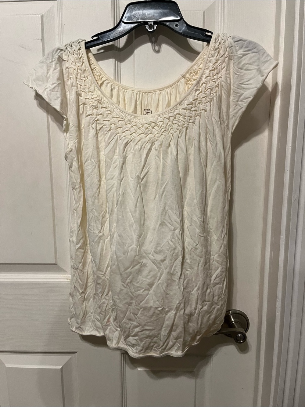 LOFT Cream Short-Sleeve Smocked Yoke Top